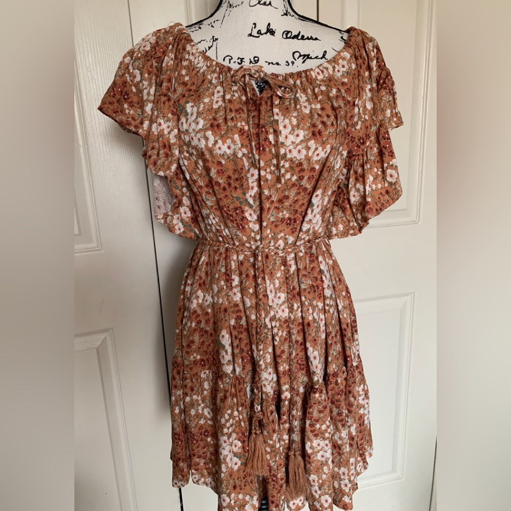 Cynthia Rowley Brown & Cream Floral Tiered Mini Dress
